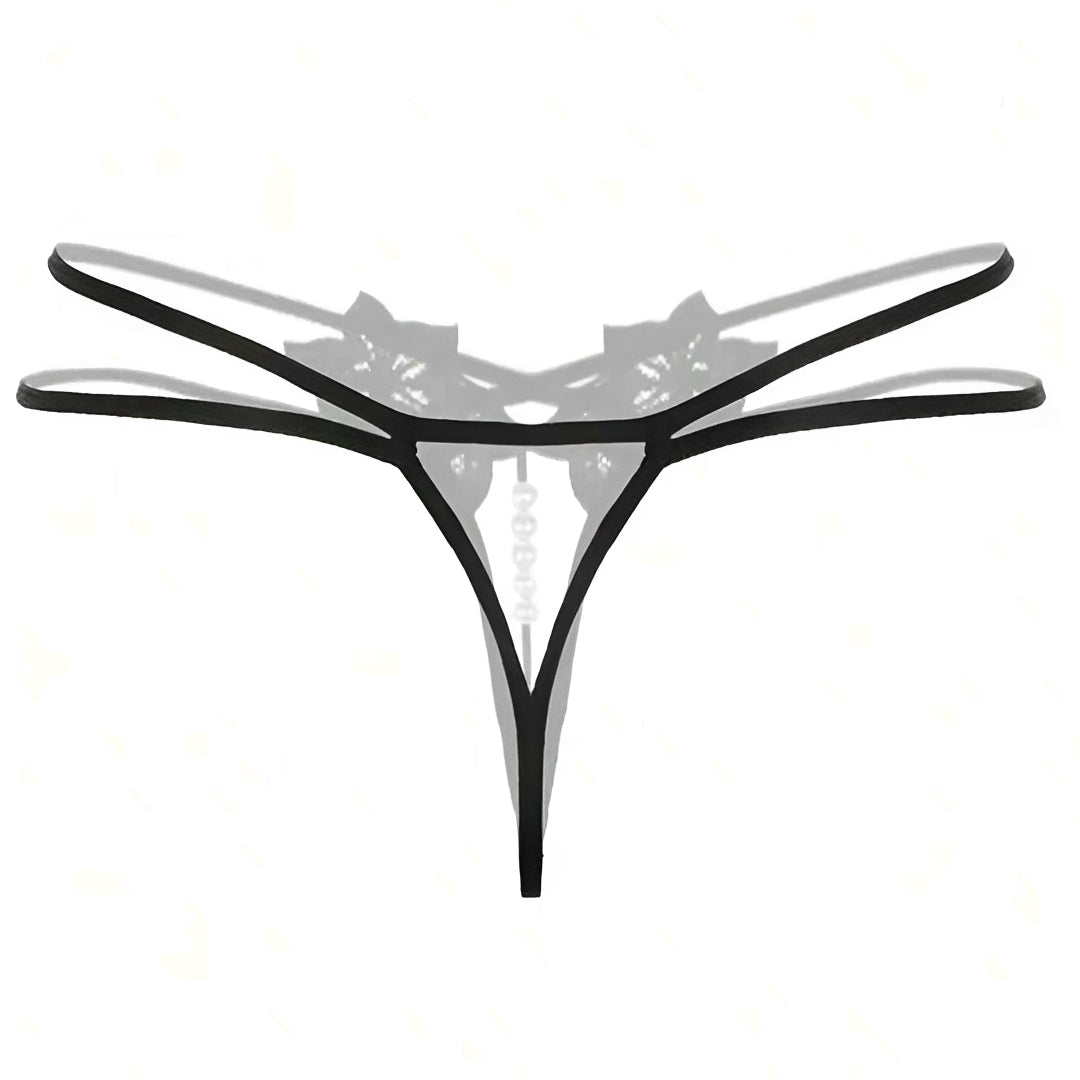 Calcinha Fio Dental Preta com Abertura Inferior e Pérolas - Lingerie Sensual em Renda Floral com Tiras Duplas (PP ao GG)