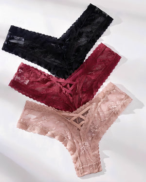 Calcinha Confortável Rendada com Tiras Cruzadas - Lingerie Sensual Feminina Rose, Preta ou Vermelha