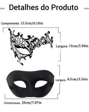 Kit Máscara Veneziana Luxo em Metal com Brilho + Máscara Clássica Preta Unissex - Fantasia de Casal, Festa à Fantasia, Baile de Máscaras, Acessório Sensual e Elegante