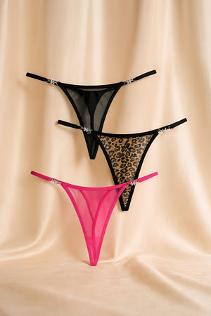 Kit com 3 Calcinhas Fio Dental em Tule e Animal Print com Detalhe Borboleta – Lingerie Sensual e Exclusiva - P ao GG