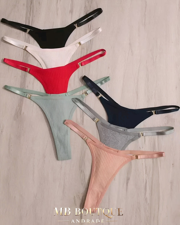 Kit de Calcinhas Fio Dental Reguláveis – 7 Cores Sofisticadas em Tecido Canelado Premium (P ao GG) | Lingerie Sensual